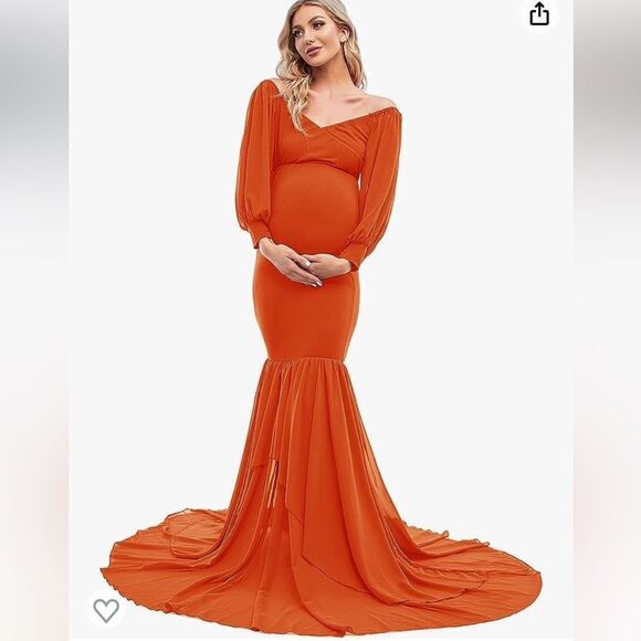 Off Shoulder Maternity Dress Elegant Fit V Neck Chiffon Long Gown Photography - Picture 2 of 12